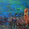 Title: Midzimu yemumvura (Spirits living under water) (2013); Size: ..cm X ..cm; Medium: Print making ink, emulsion, fabric paint, liquin, linseed oil, stitching and oil on canvas; (38)