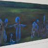 Title: Learning to fly (2013); Size: 180cm x 90cm; Medium: Print making ink, emulsion, fabric paint, liquin, linseed oil and oil on canvas; (5)
